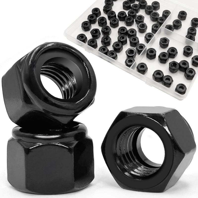 ZQZ 1/4"-20 Black Nylon Lock Nuts, 65PCS 304 (A2-70) Stainless Steel Nylon Insert Locknuts, Black Oxide, Coarse Thread Nylock Nuts - Image 1
